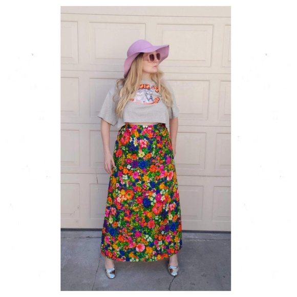 Vintage Dresses & Skirts - Vintage Multicolor 60s Mod High Waist Floral Maxi Skirt
